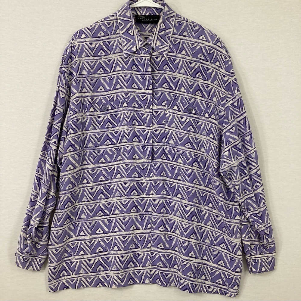 August Silk x Diane Gilman Purple White Chevron 100% Silk Button Down‎ Large